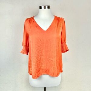 Maison d' Amelie Orange V- Neck Women's Smocked Sleeve Top/Blouse